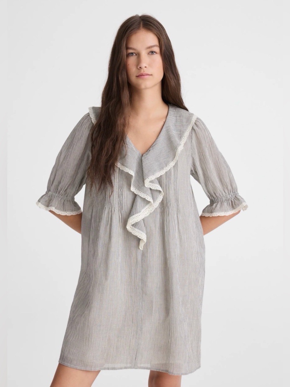 Madewell The Blaire Mini Dress Black Ivory Micro Stripe Ruffle Lace Size S NWT